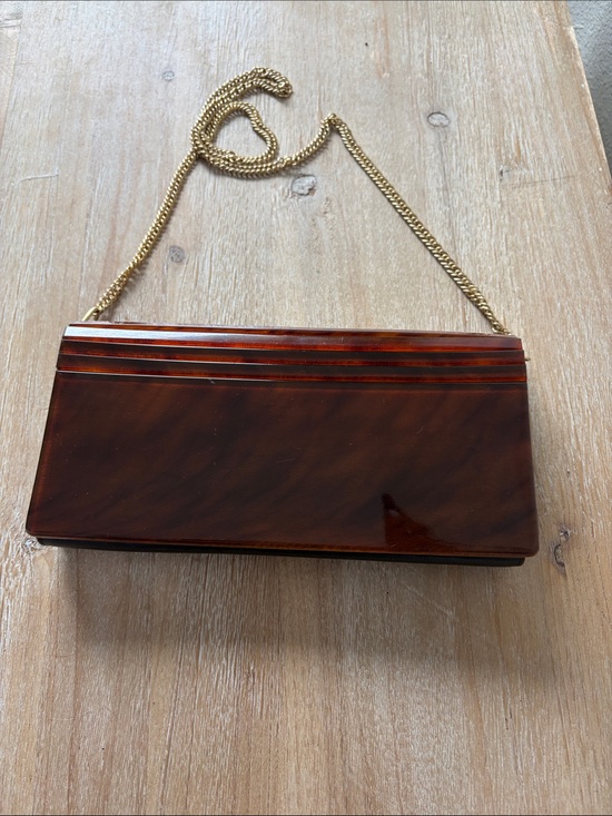 Vintage Handbags - Vintage Italian Art Deco Tortoiseshell Lucite Clutch with Gold Chain